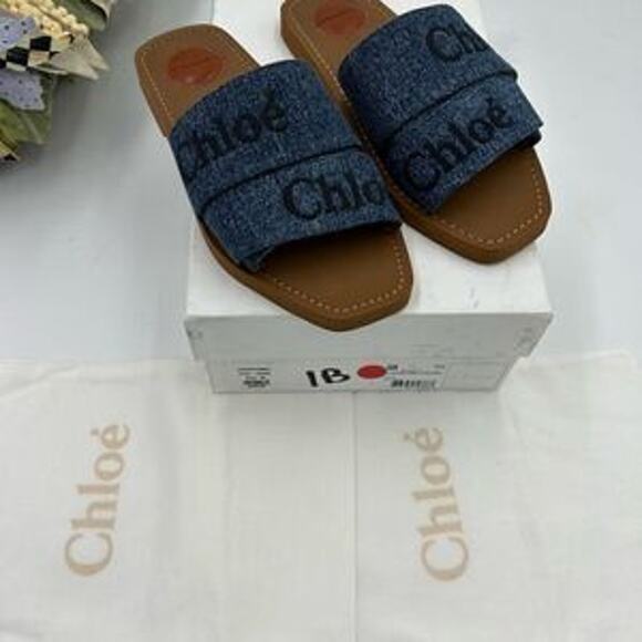 Women’s Chloe woody logo embroidered denim sandals size 38 made in Italy - Picture 9 of 11